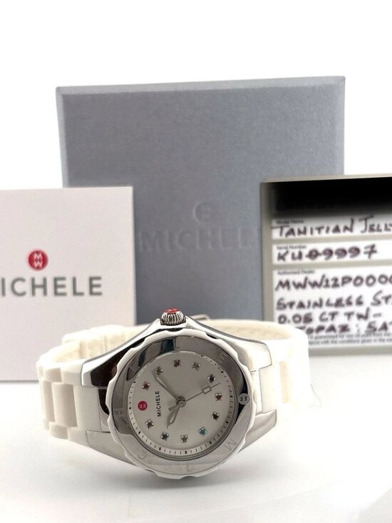 Michele Tahitian Jelly Bean Watch White Steel Silicone Box & Card MW12P000001 main image 9
